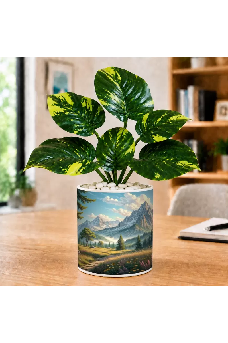 Artificial Tree Ceramic Photo Pot With White Stones 3x4 Inch (F164934)