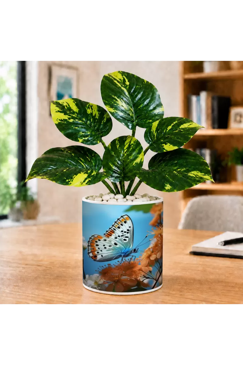 Artificial Tree Ceramic Photo Pot With White Stones 3x4 Inch (F164937)