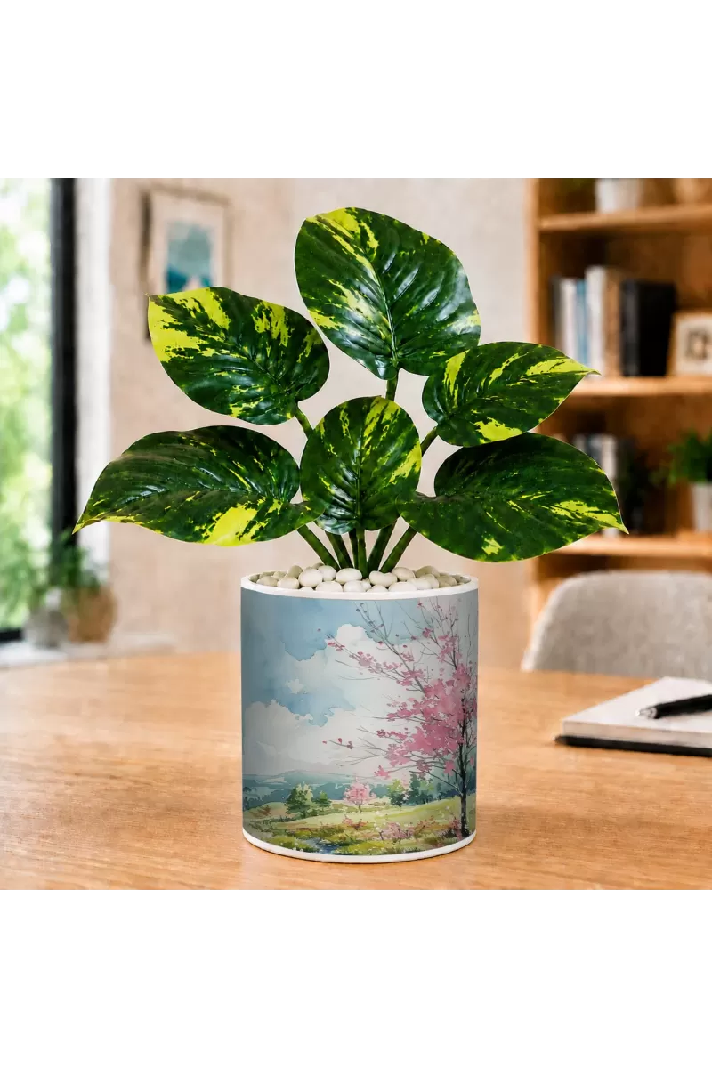 Artificial Tree Ceramic Photo Pot With White Stones 3x4 Inch (F164943)