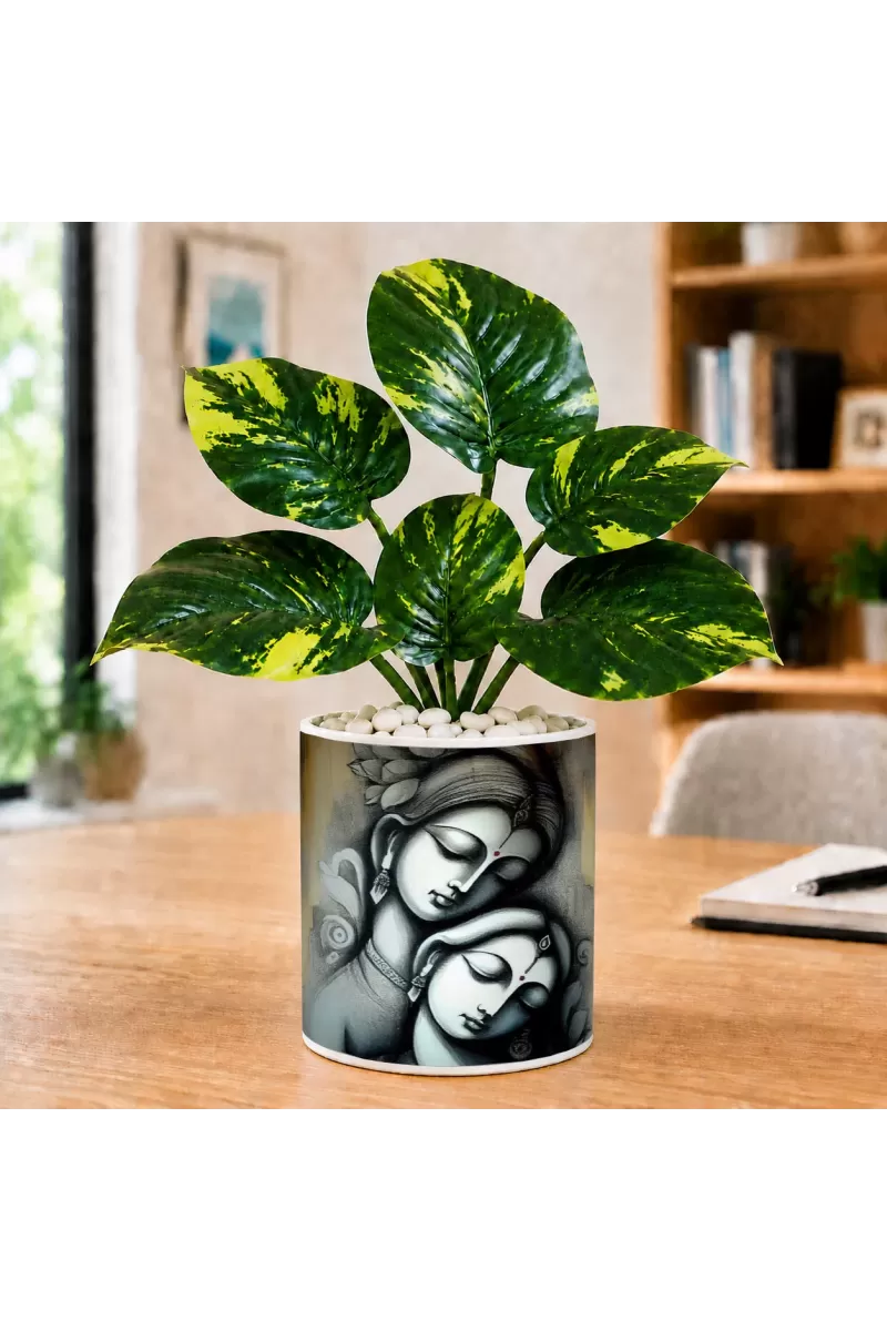 Artificial Tree Ceramic Photo Pot With White Stones 3x4 Inch (F164945)