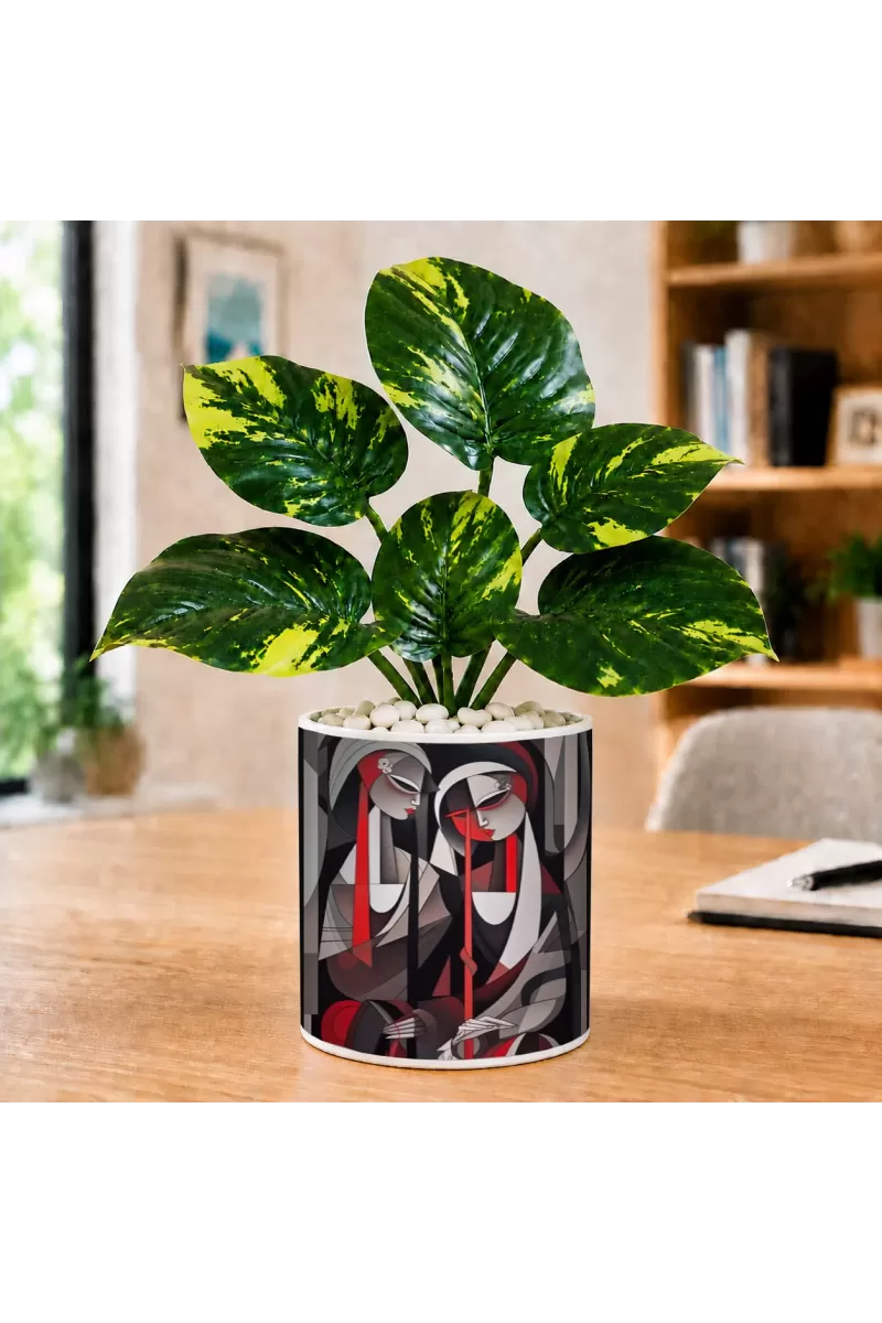 Artificial Tree Ceramic Photo Pot With White Stones 3x4 Inch (F164955)