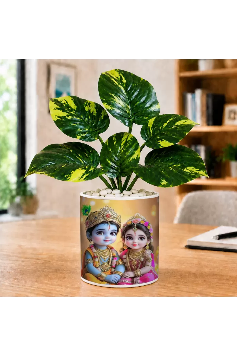 Artificial Tree Ceramic Photo Pot With White Stones 3x4 Inch (F164958)