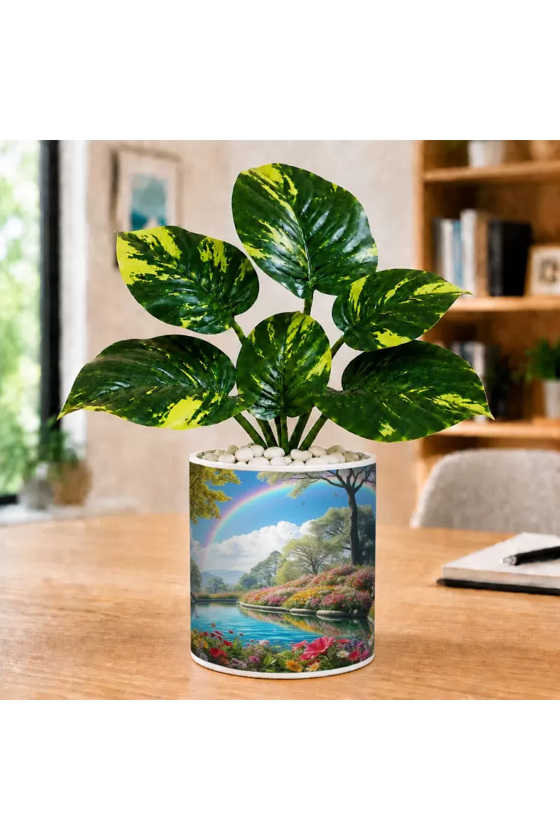 Artificial Tree Ceramic Photo Pot With White Stones 3x4 Inch (F164959)
