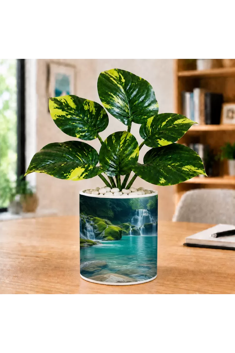 Artificial Tree Ceramic Photo Pot With White Stones 3x4 Inch (F164968)