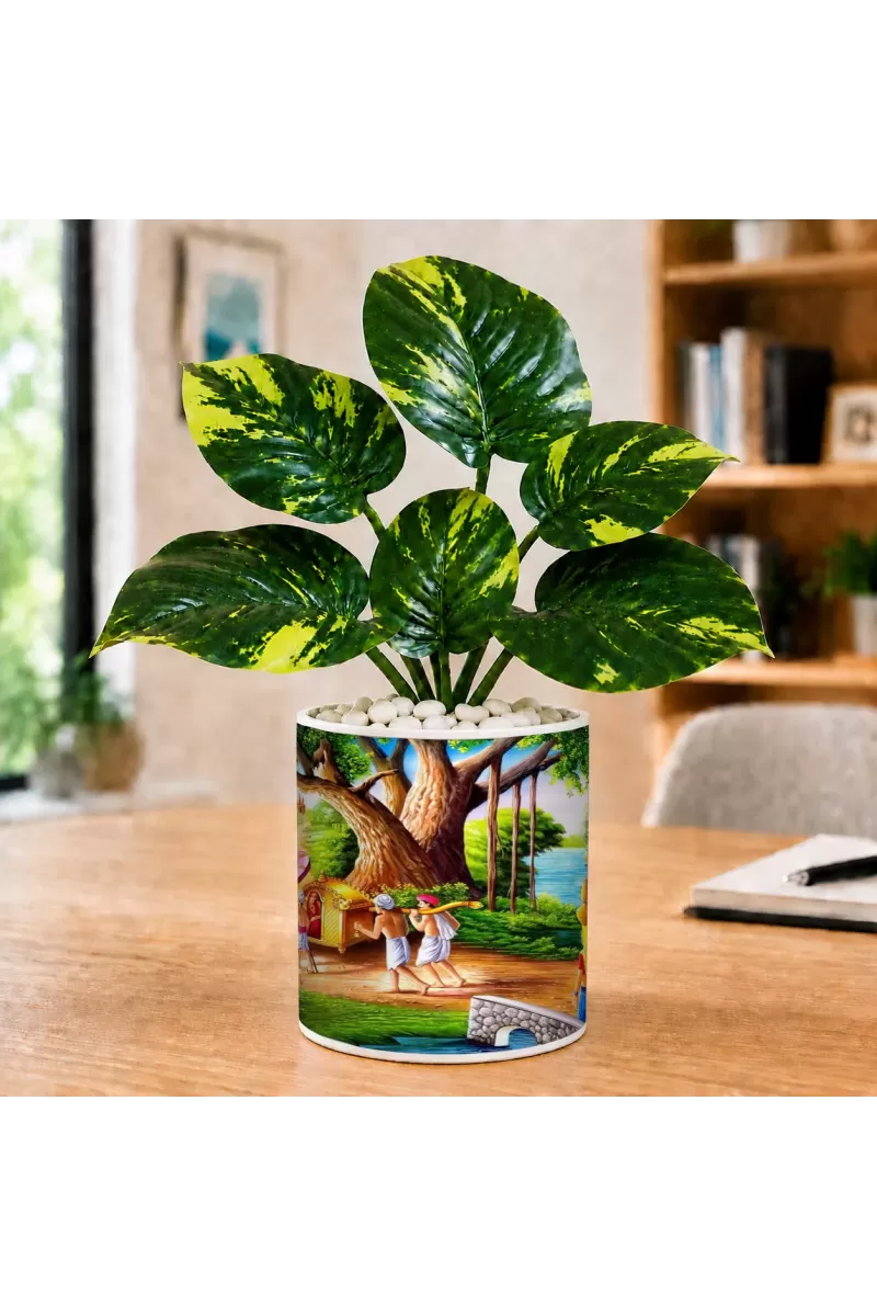 Artificial Tree Ceramic Photo Pot With White Stones 3x4 Inch (F164988)