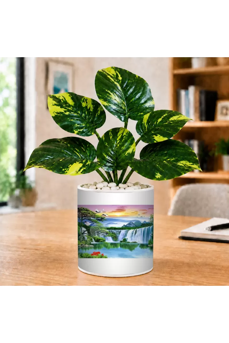 Artificial Tree Ceramic Photo Pot With White Stones 3x4 Inch (F164989)