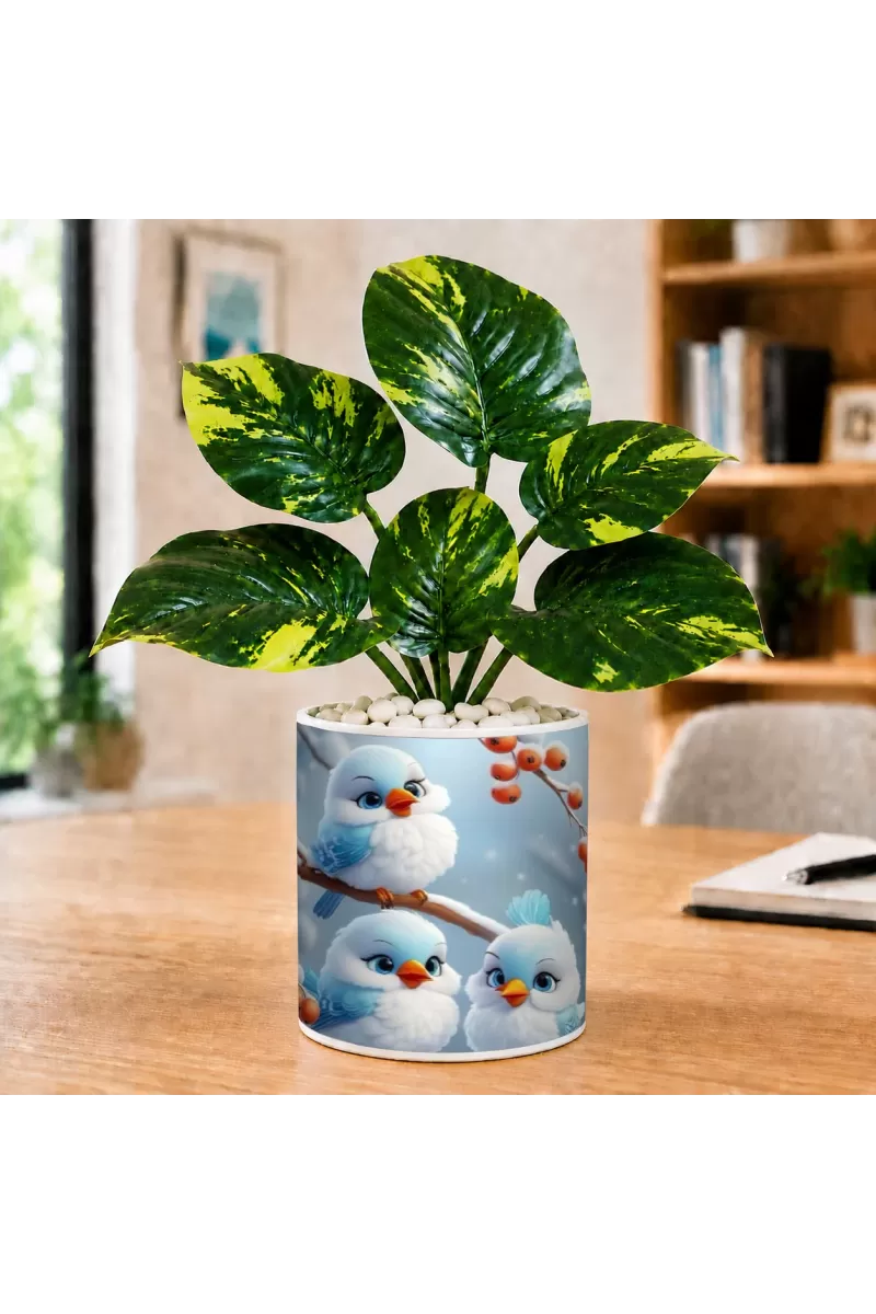 Artificial Tree Ceramic Photo Pot With White Stones 3x4 Inch (F164991)