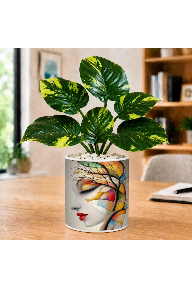 Artificial Tree Ceramic Photo Pot With White Stones 3x4 Inch (F164995)