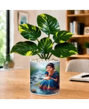 Artificial Tree Ceramic Photo Pot With White Stones 3x4 Inch (F164996)