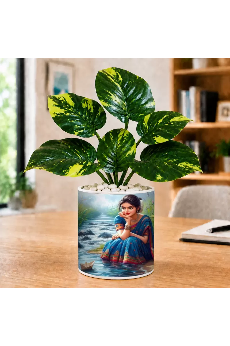 Artificial Tree Ceramic Photo Pot With White Stones 3x4 Inch (F164996)
