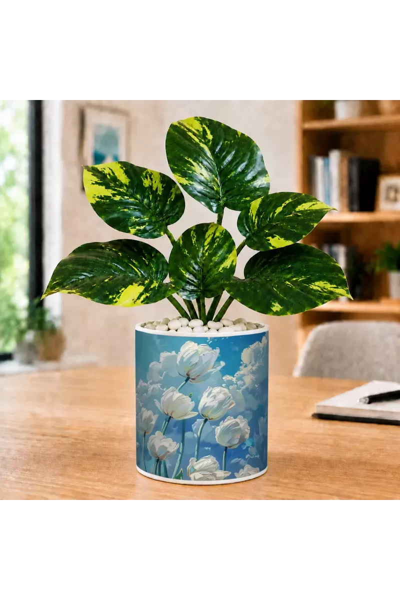 Artificial Tree Ceramic Photo Pot With White Stones 3x4 Inch (F165005)