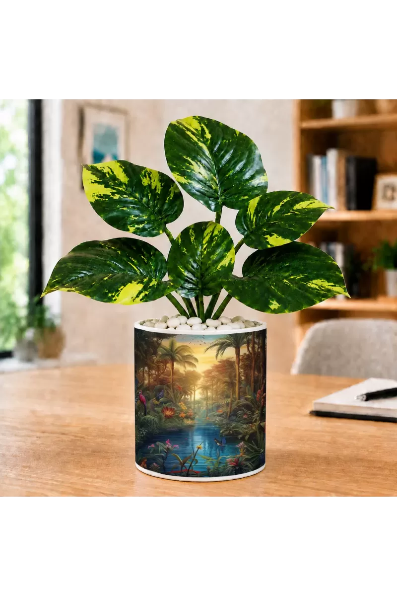 Artificial Tree Ceramic Photo Pot With White Stones 3x4 Inch (F165006)