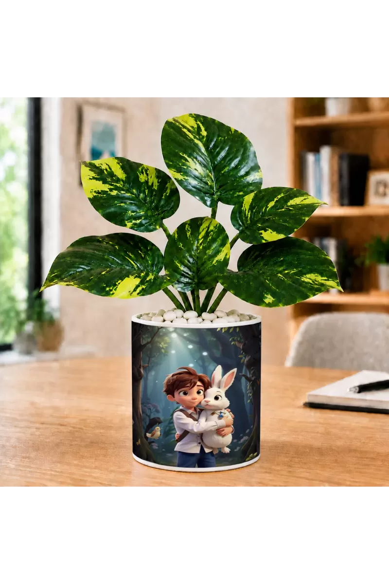 Artificial Tree Ceramic Photo Pot With White Stones 3x4 Inch (F165012)
