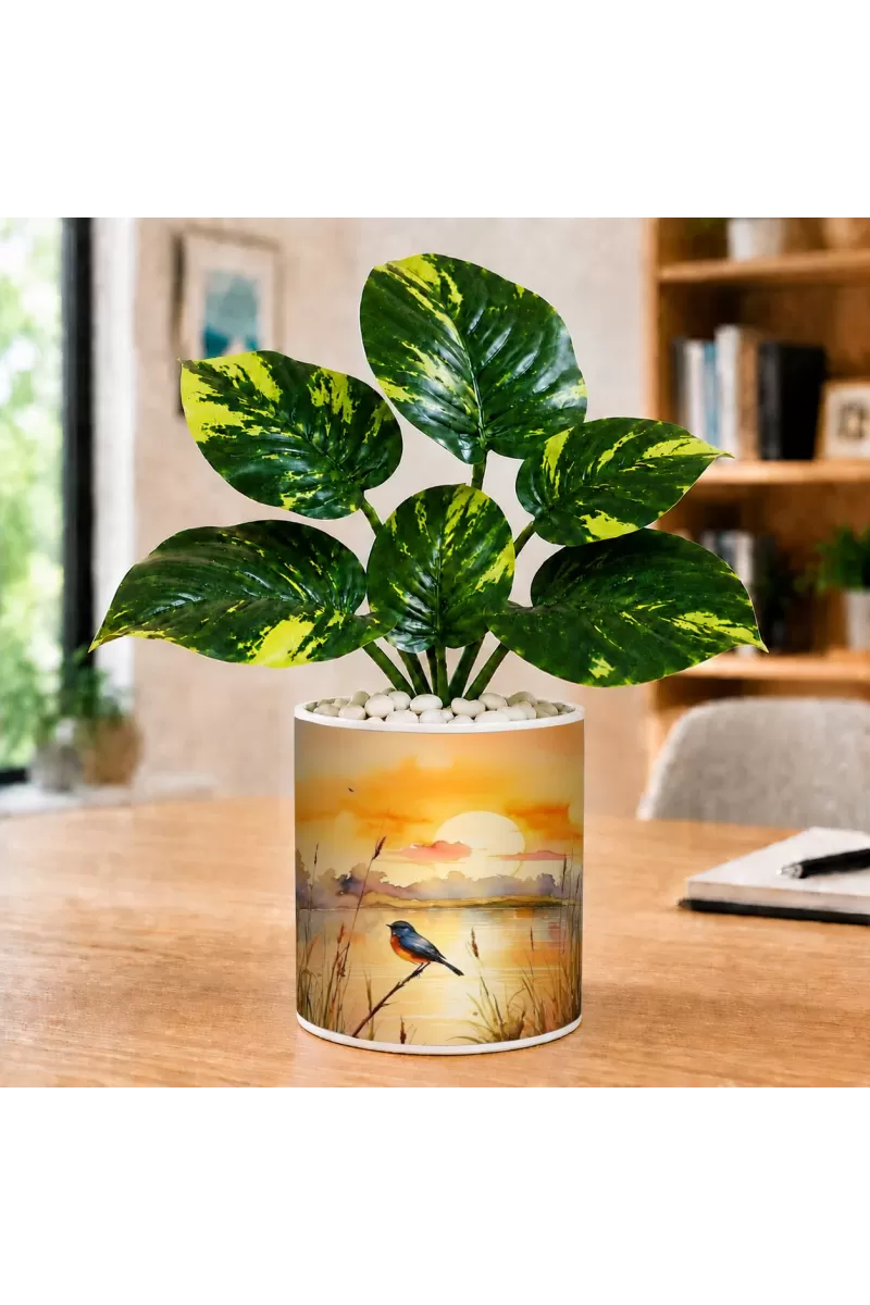 Artificial Tree Ceramic Photo Pot With White Stones 3x4 Inch (F165018)
