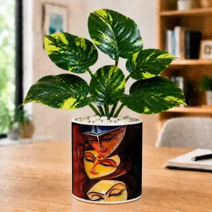 Artificial Tree Ceramic Photo Pot With White Stones 3x4 Inch (F165021)