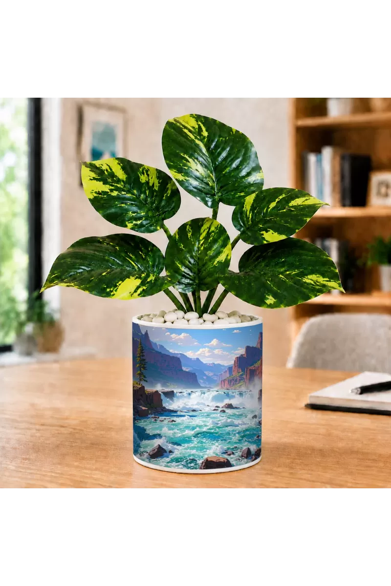 Artificial Tree Ceramic Photo Pot With White Stones 3x4 Inch (F165033)