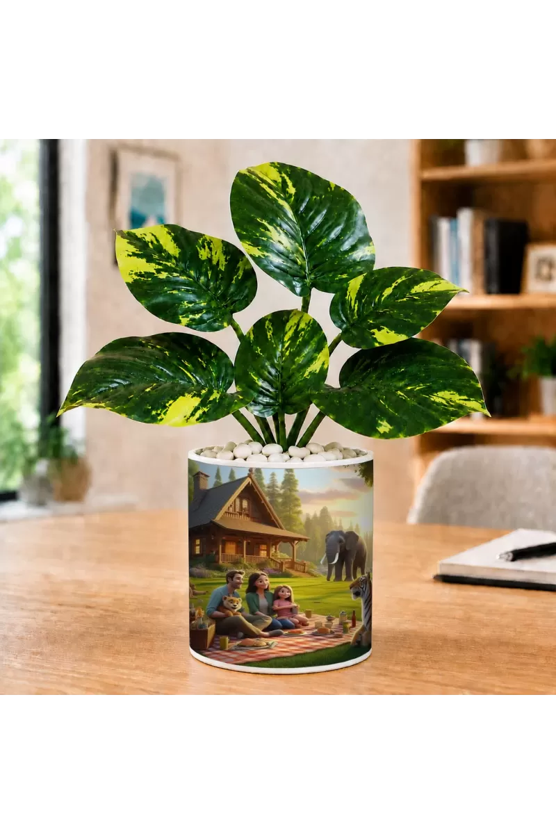 Artificial Tree Ceramic Photo Pot With White Stones 3x4 Inch (F165045)