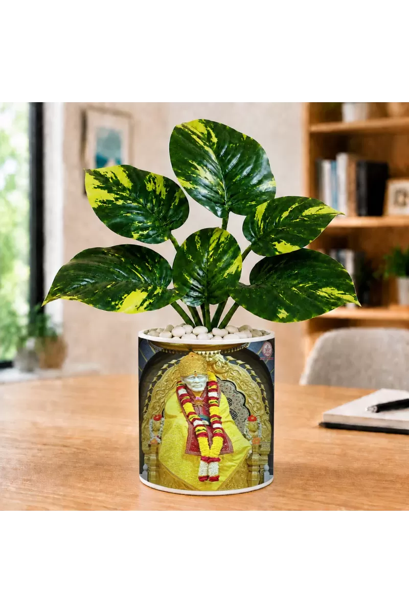 Artificial Tree Ceramic Photo Pot With White Stones 3x4 Inch (F165046)