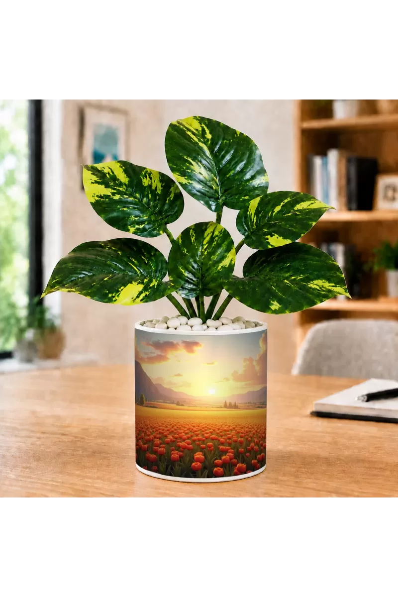Artificial Tree Ceramic Photo Pot With White Stones 3x4 Inch (F165059)