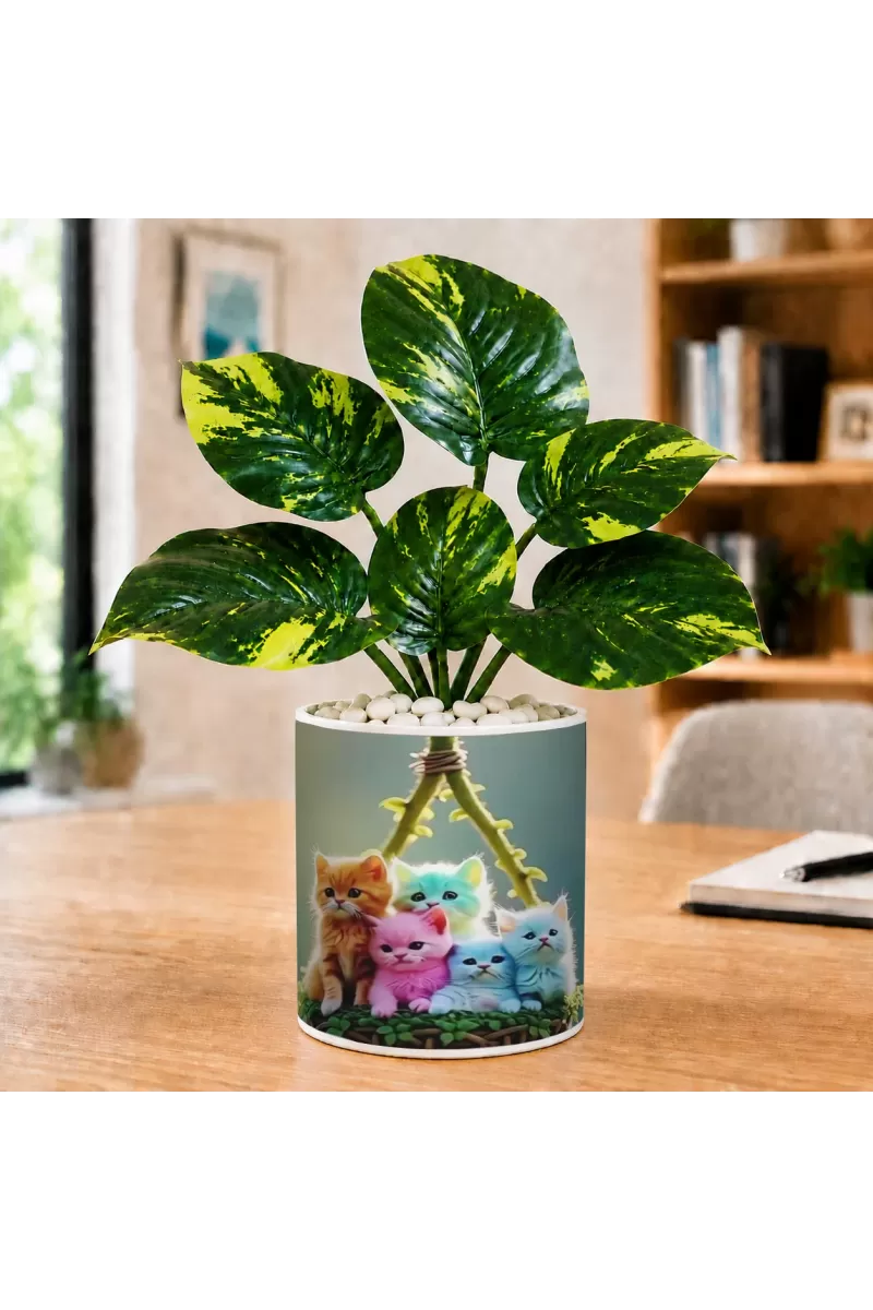 Artificial Tree Ceramic Photo Pot With White Stones 3x4 Inch (F165062)