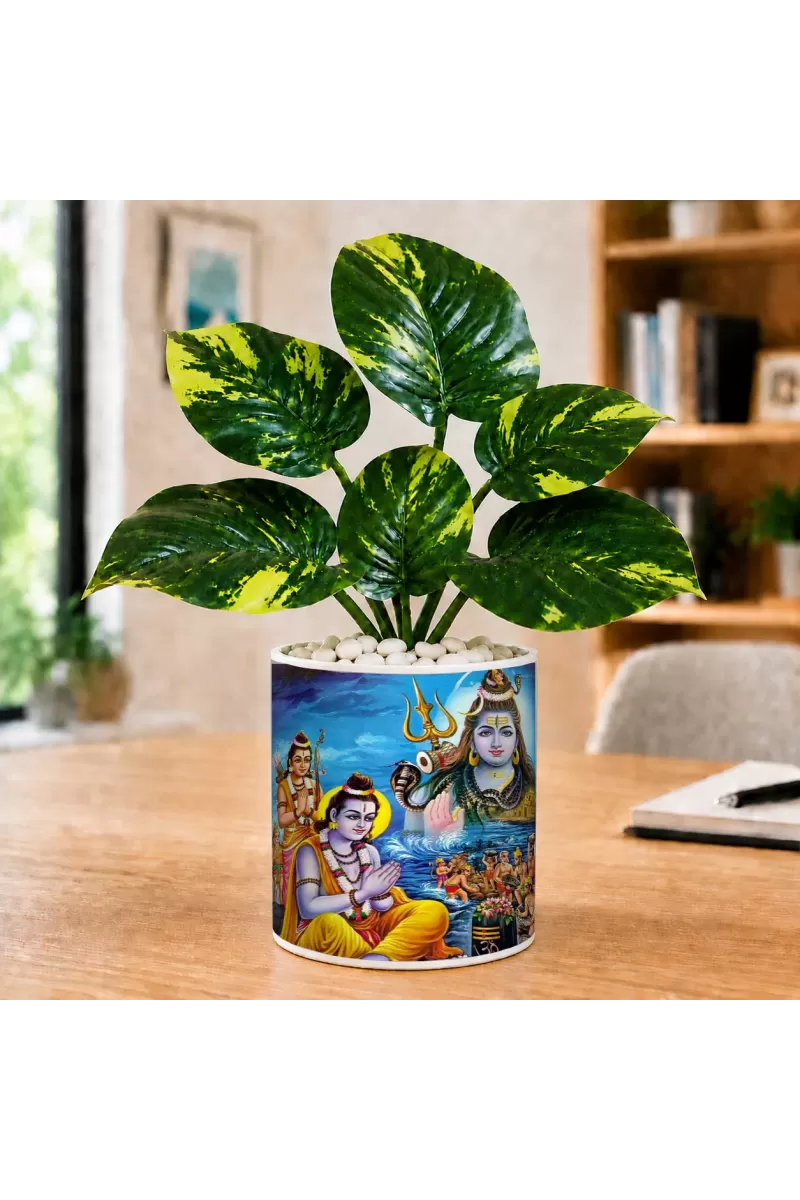 Artificial Tree Ceramic Photo Pot With White Stones 3x4 Inch (F165069)