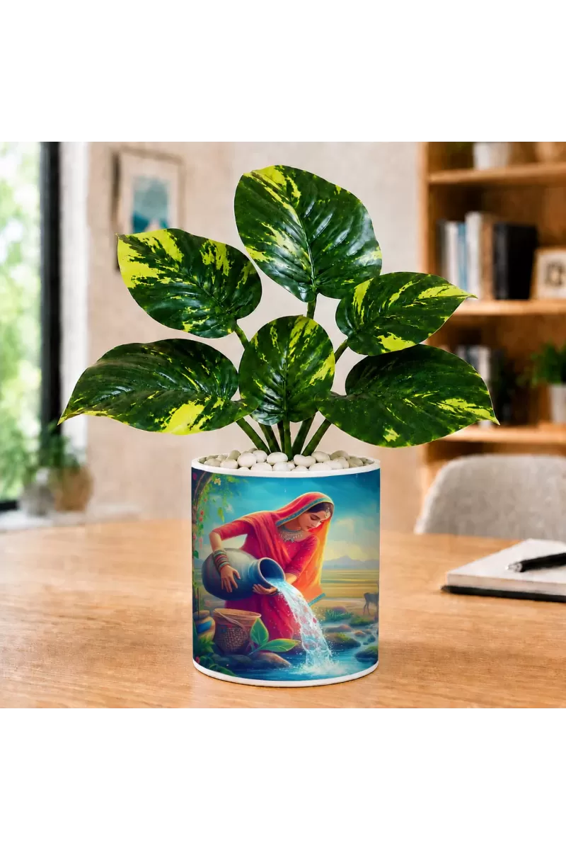 Artificial Tree Ceramic Photo Pot With White Stones 3x4 Inch (F165070)