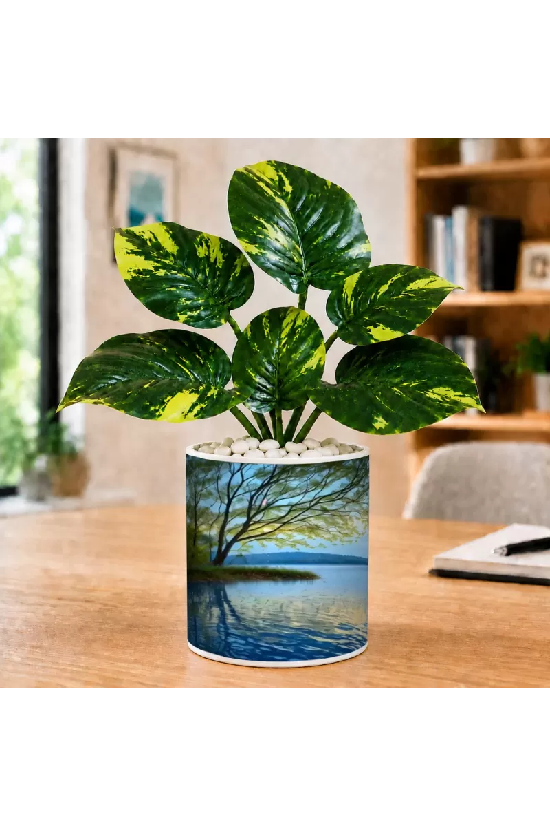 Artificial Tree Ceramic Photo Pot With White Stones 3x4 Inch (F165078)