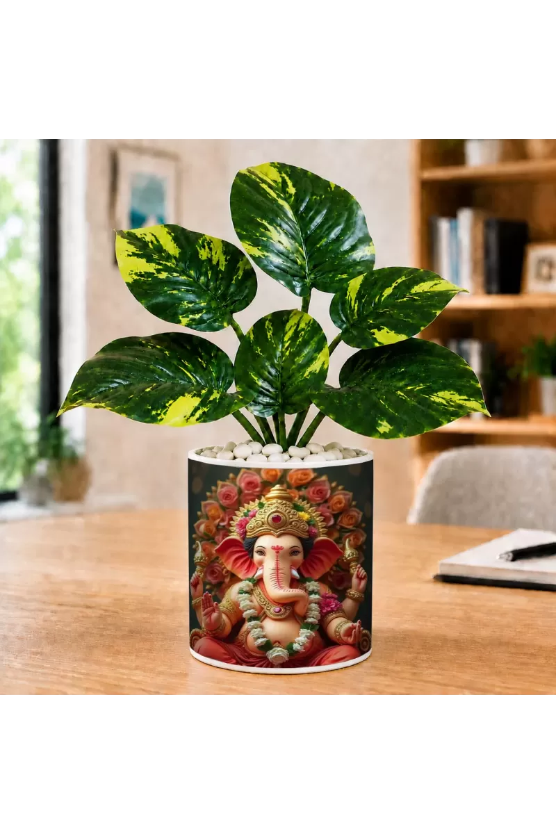Artificial Tree Ceramic Photo Pot With White Stones 3x4 Inch (F165082)