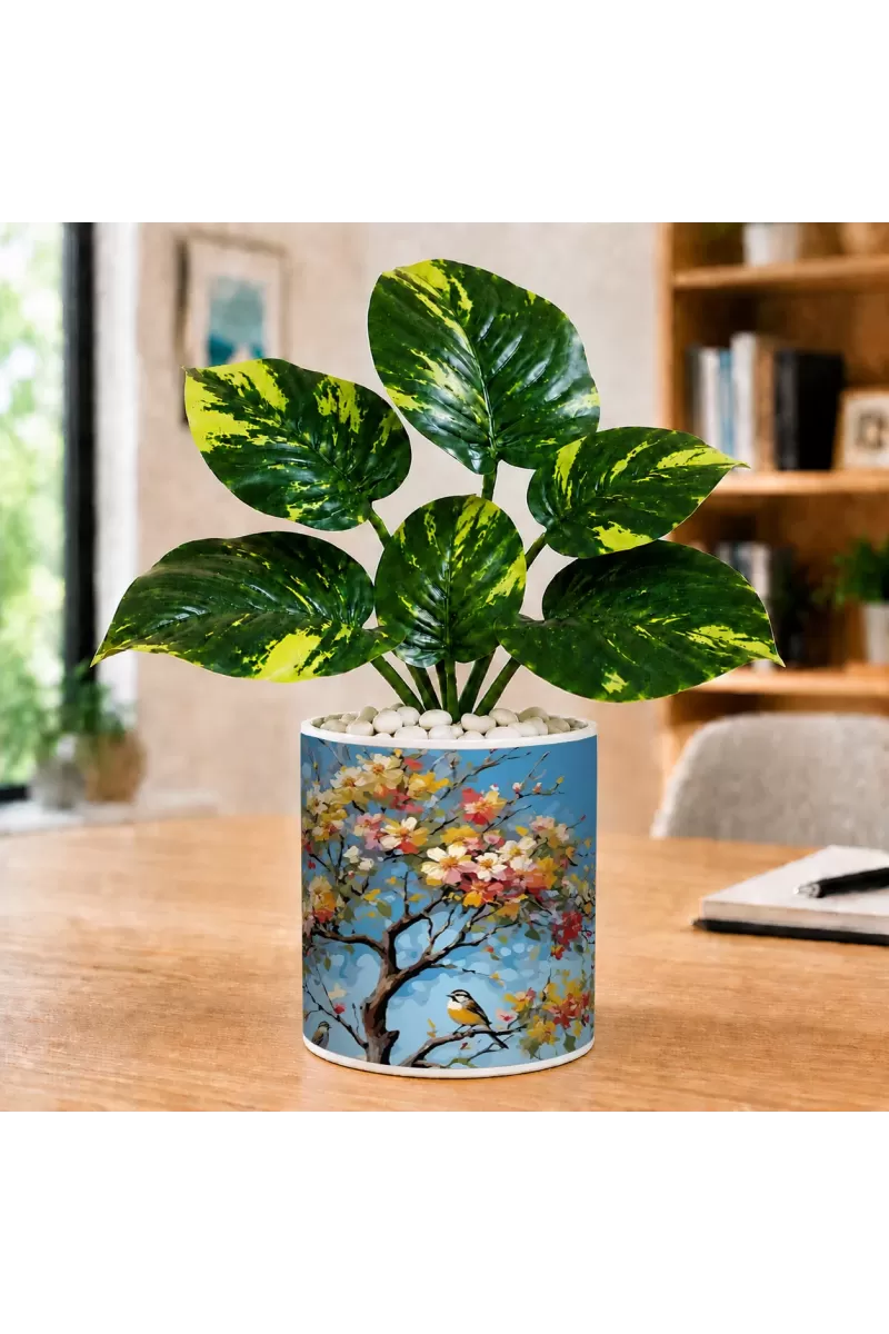 Artificial Tree Ceramic Photo Pot With White Stones 3x4 Inch (F165086)