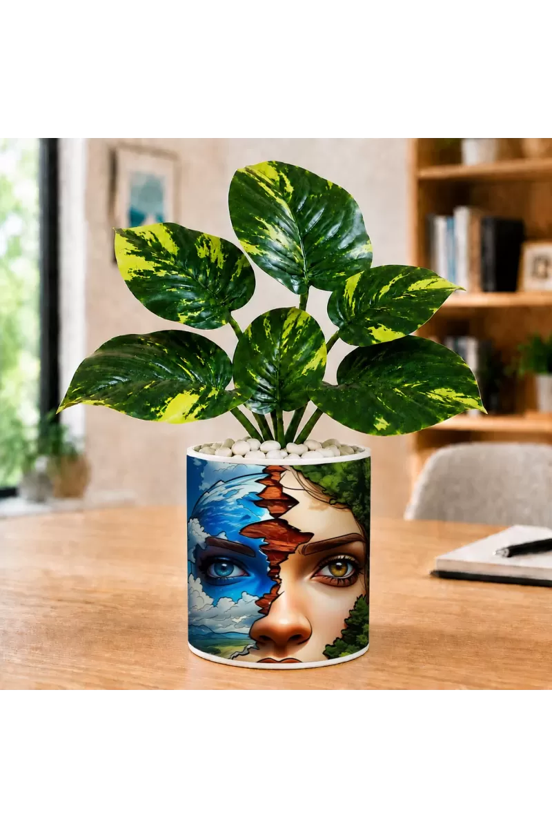 Artificial Tree Ceramic Photo Pot With White Stones 3x4 Inch (F165087)