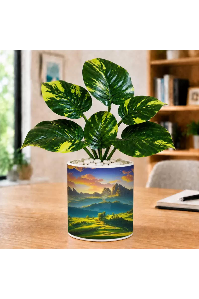Artificial Tree Ceramic Photo Pot With White Stones 3x4 Inch (F165088)