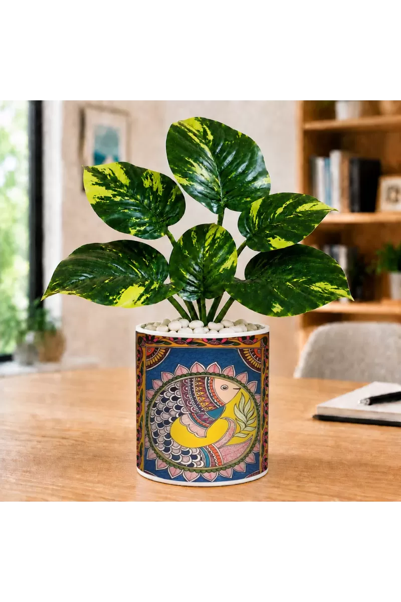 Artificial Tree Ceramic Photo Pot With White Stones 3x4 Inch (F165096)