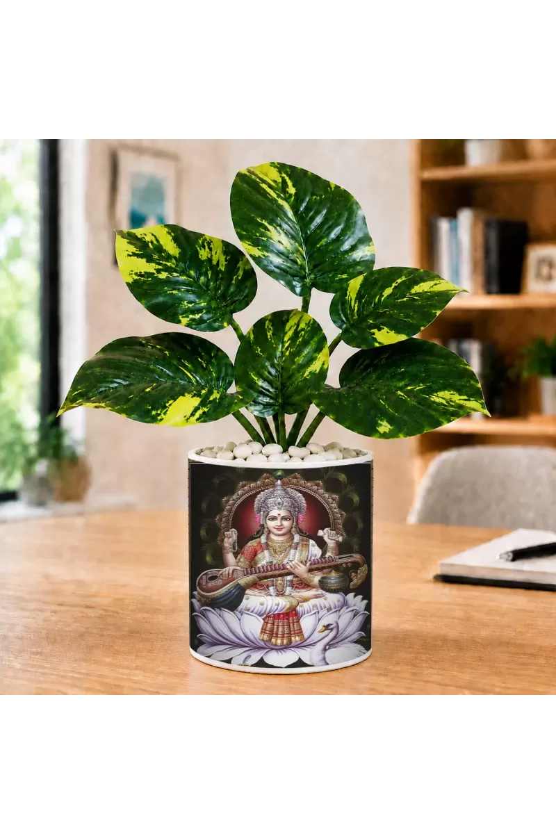 Artificial Tree Ceramic Photo Pot With White Stones 3x4 Inch (F165104)