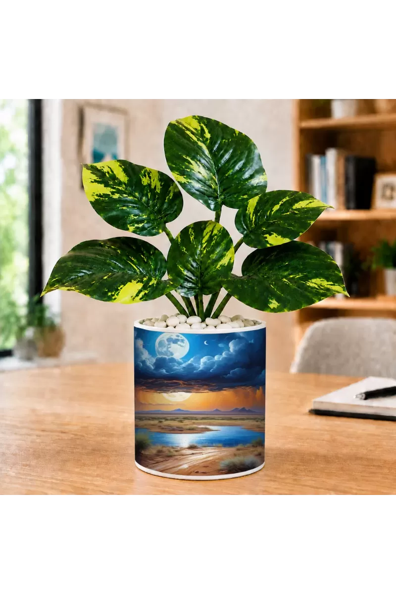 Artificial Tree Ceramic Photo Pot With White Stones 3x4 Inch (F165109)