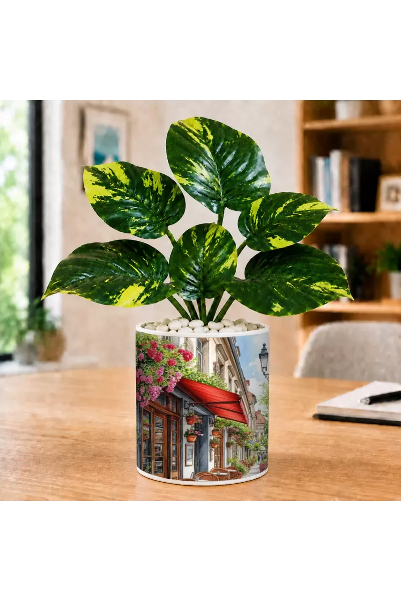 Artificial Tree Ceramic Photo Pot With White Stones 3x4 Inch (F165126)