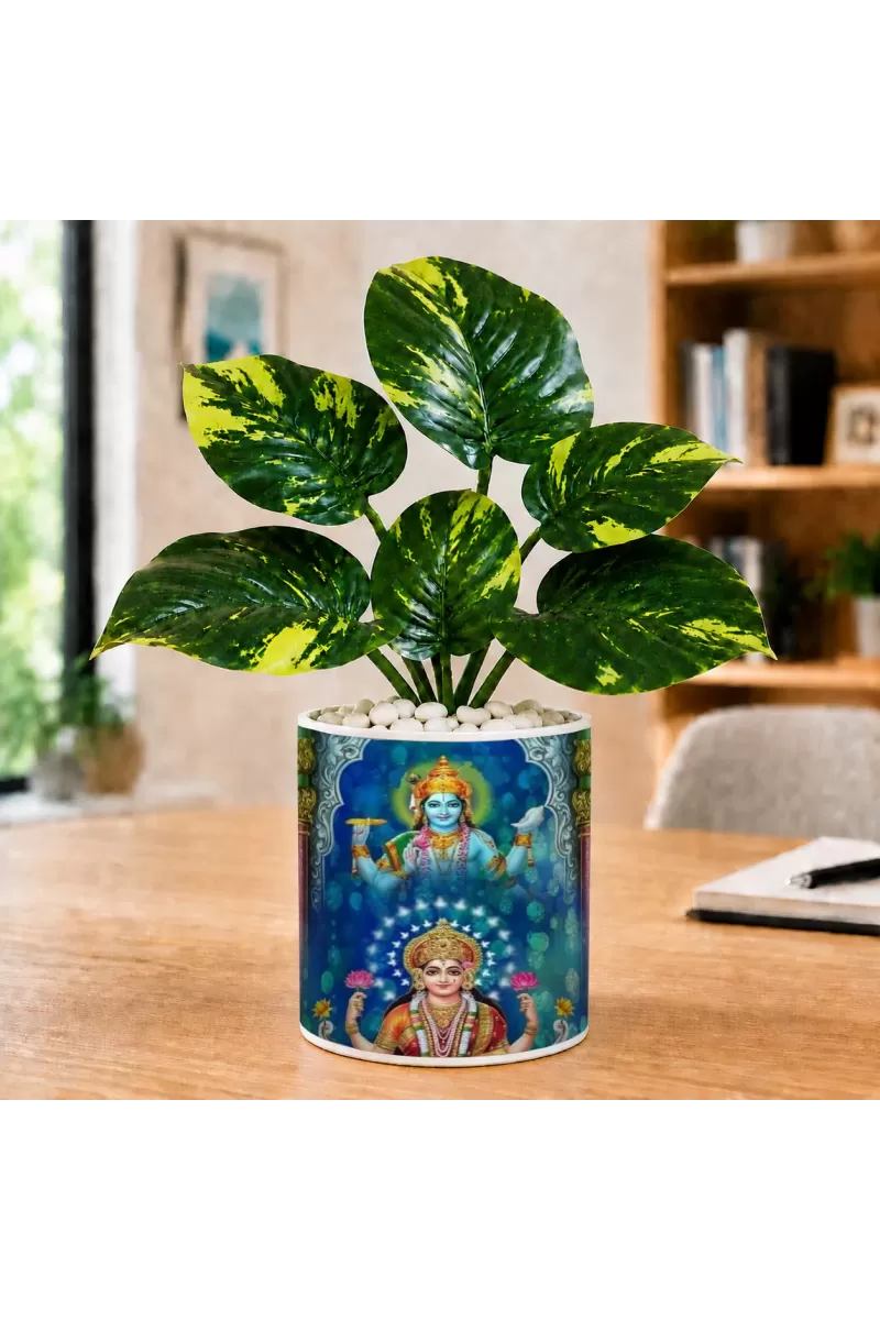 Artificial Tree Ceramic Photo Pot With White Stones 3x4 Inch (F165131)