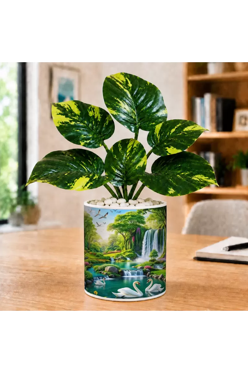 Artificial Tree Ceramic Photo Pot With White Stones 3x4 Inch (F165143)
