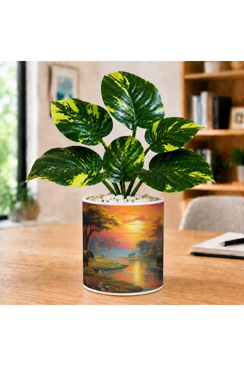 Artificial Tree Ceramic Photo Pot With White Stones 3x4 Inch (F165162)