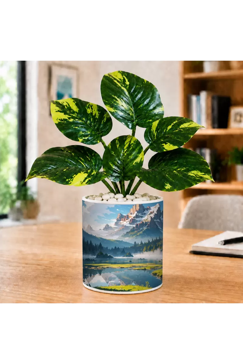 Artificial Tree Ceramic Photo Pot With White Stones 3x4 Inch (F165166)