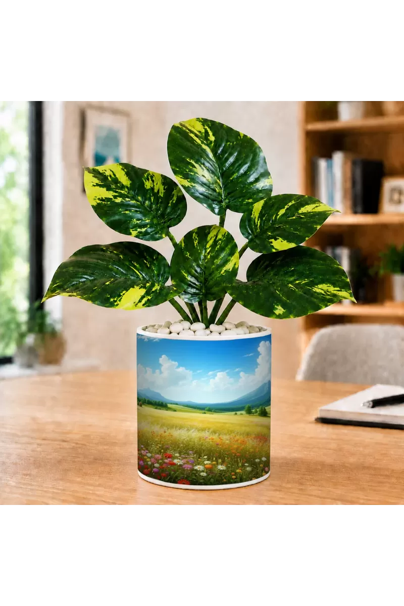 Artificial Tree Ceramic Photo Pot With White Stones 3x4 Inch (F165179)