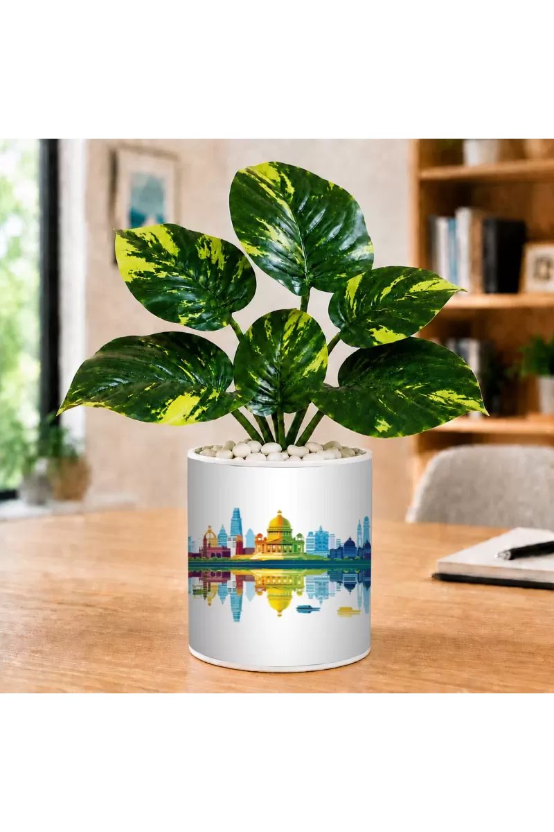 Artificial Tree Ceramic Photo Pot With White Stones 3x4 Inch (F165201)