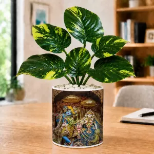 Artificial Tree Ceramic Photo Pot With White Stones 3x4 Inch (F165203)