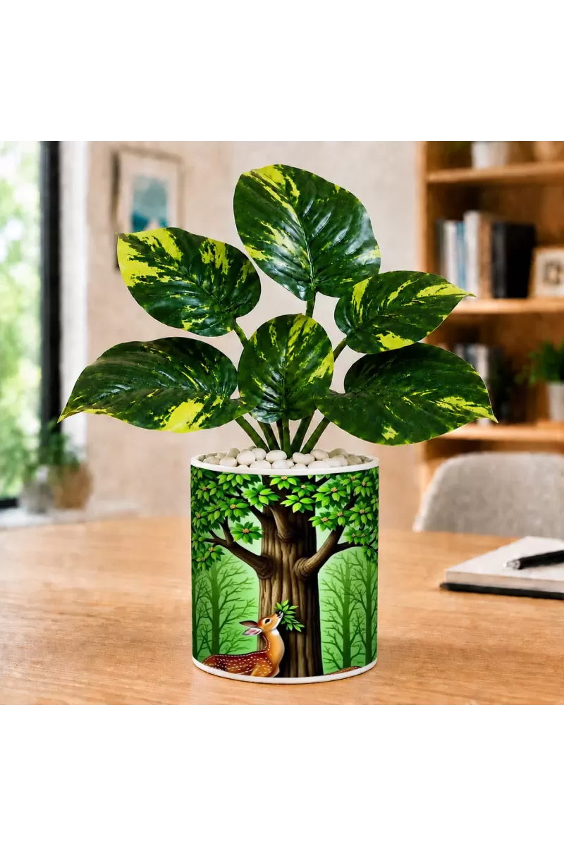 Artificial Tree Ceramic Photo Pot With White Stones 3x4 Inch (F165205)