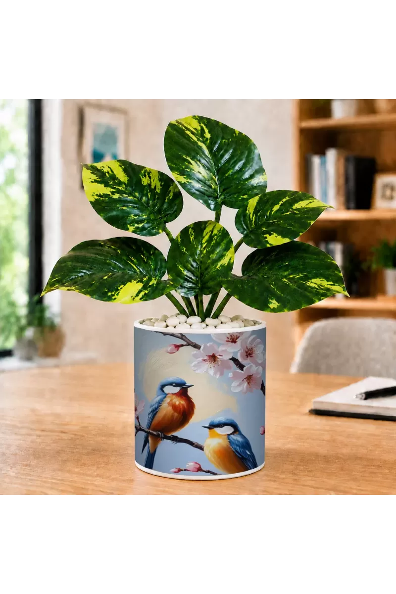 Artificial Tree Ceramic Photo Pot With White Stones 3x4 Inch (F165209)