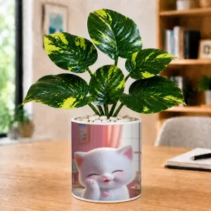 Artificial Tree Ceramic Photo Pot With White Stones 3x4 Inch (F165225)