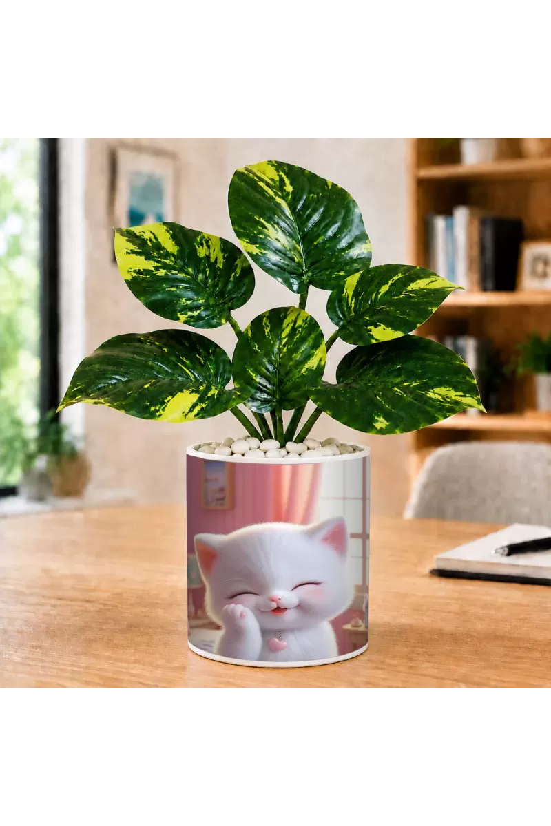Artificial Tree Ceramic Photo Pot With White Stones 3x4 Inch (F165225)