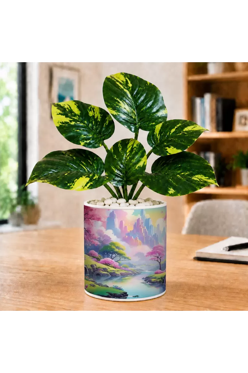 Artificial Tree Ceramic Photo Pot With White Stones 3x4 Inch (F165226)