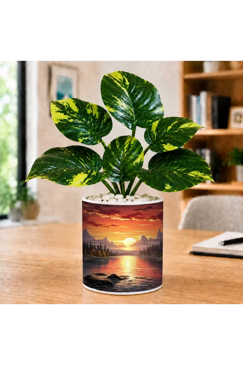 Artificial Tree Ceramic Photo Pot With White Stones 3x4 Inch (F165227)