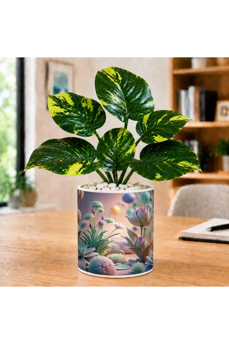 Artificial Tree Ceramic Photo Pot With White Stones 3x4 Inch (F165234)