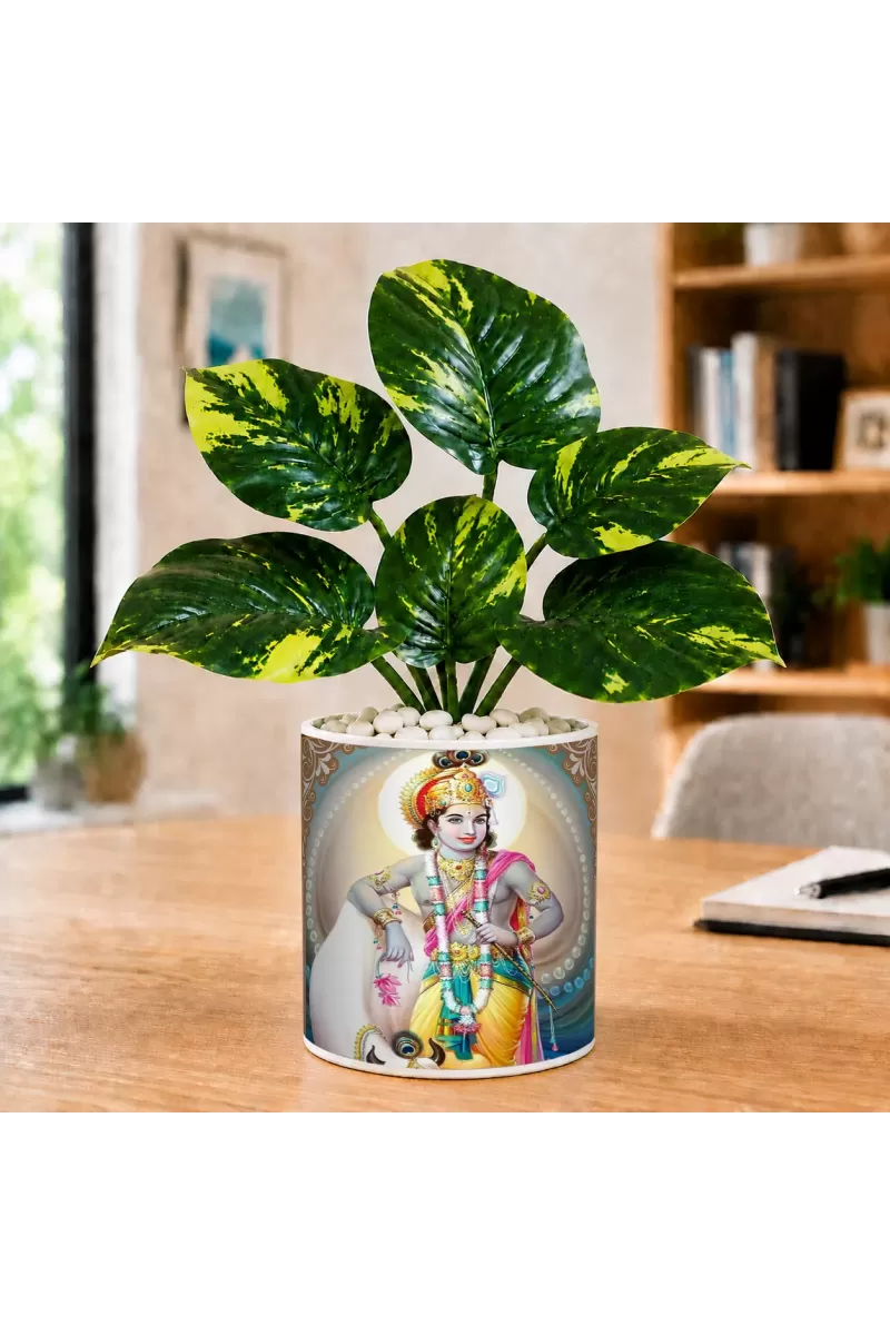 Artificial Tree Ceramic Photo Pot With White Stones 3x4 Inch (F165236)